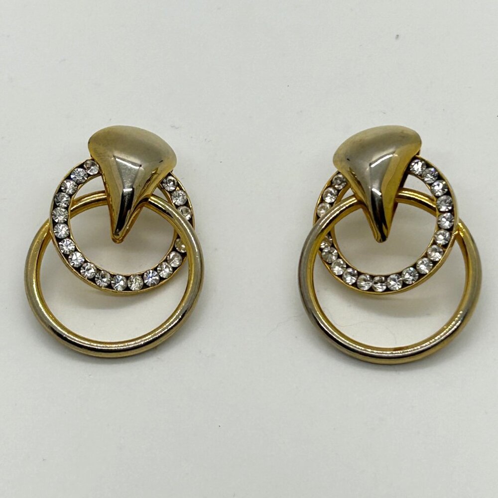 Vintage Goldtone Double Hoop Earring Rhinestone Door Knocker Statement Geometric